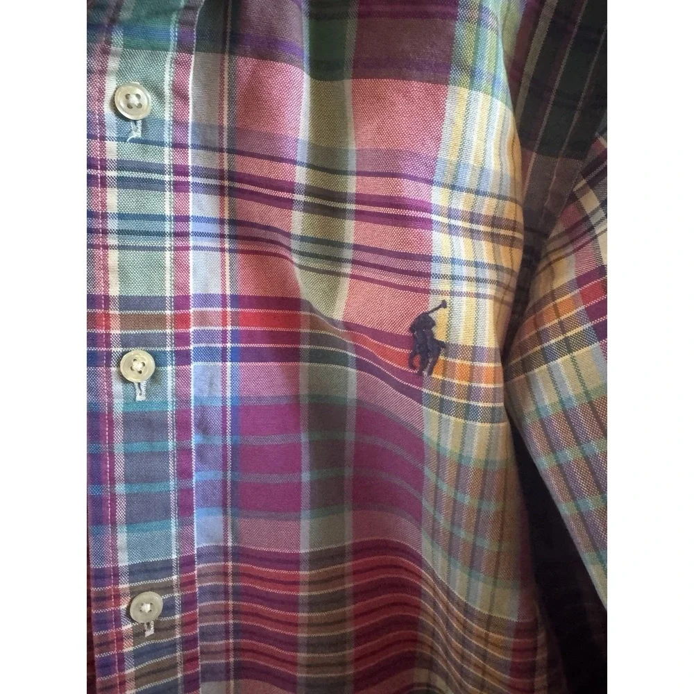 Polo Ralph Lauren Med Blue Label Men's Pastel Plaid Long Sleeve Button Up Shirt